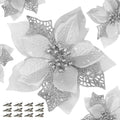 Childom 12 PCS Poinsettia Flower Artificial Poinsettia Christmas Decoration 5.9'' Silver Glitter Poinsettias Christmas Ornaments Xmas Tree Flower Decor with Clips DIY Xmas Wreath Holiday Home Party