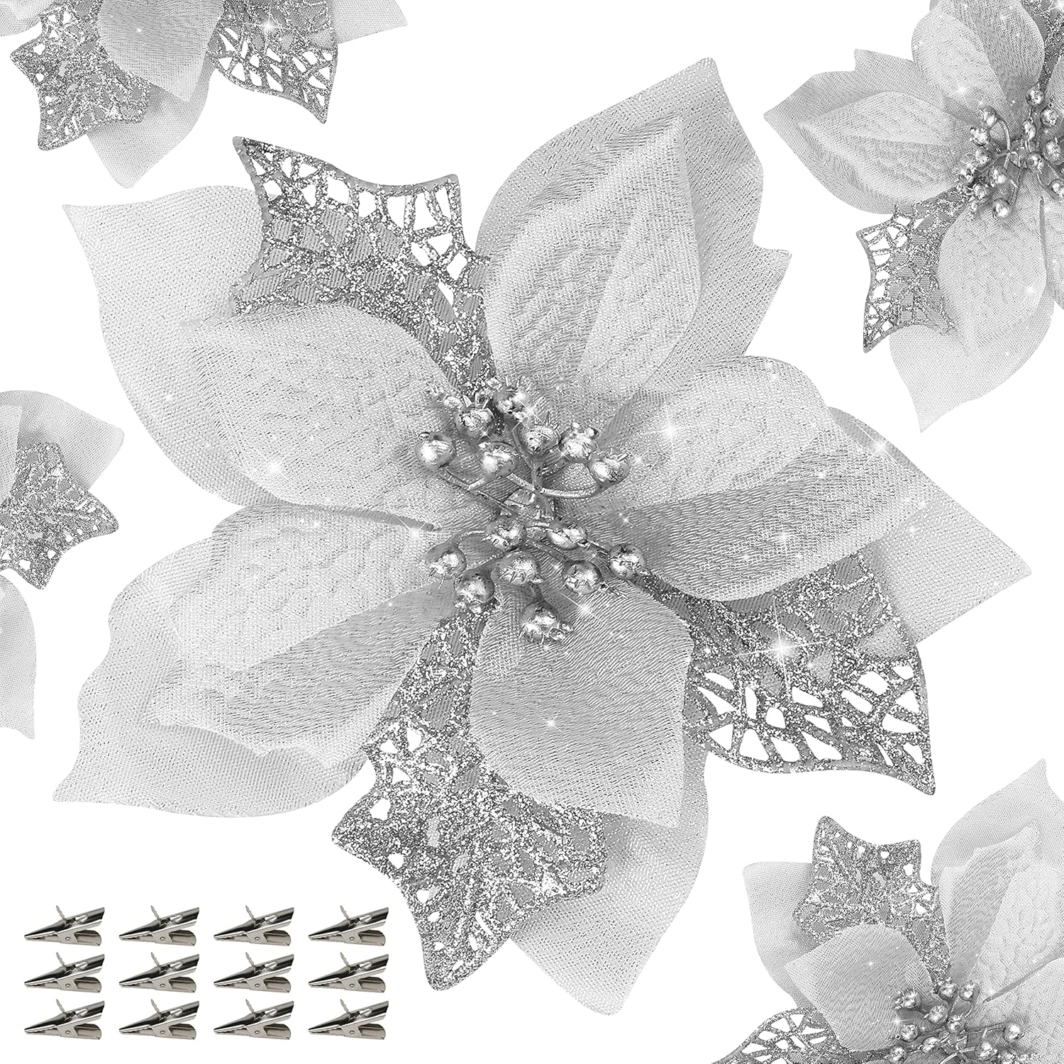Childom 12 PCS Poinsettia Flower Artificial Poinsettia Christmas Decoration 5.9'' Silver Glitter Poinsettias Christmas Ornaments Xmas Tree Flower Decor with Clips DIY Xmas Wreath Holiday Home Party