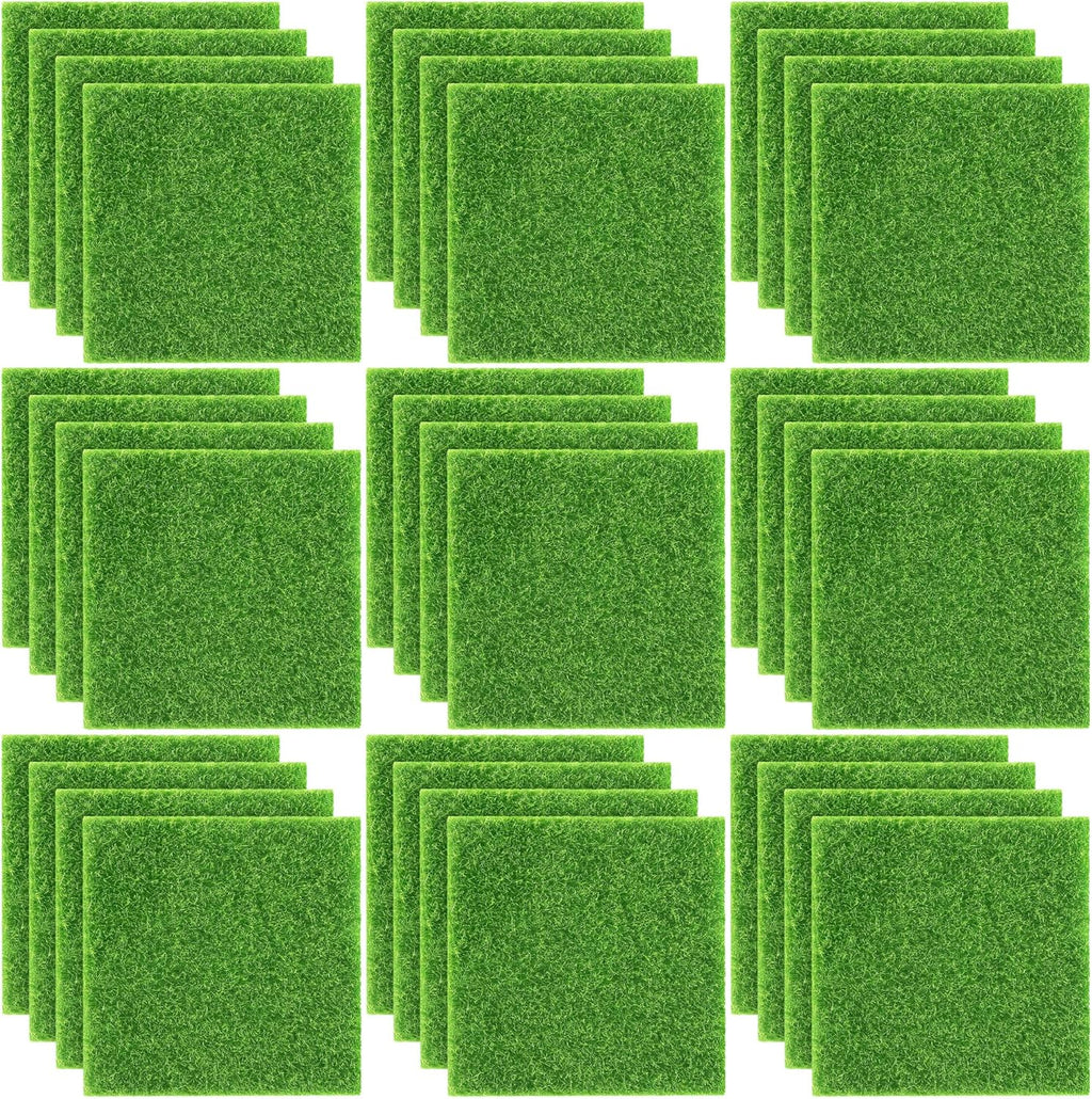 Elcoho 36 Pieces Fake Grass for Crafts Fairy Garden 6 x 6 Inches Artificial Garden Grass for Miniature Ornament Dollhouse DIY Decoration