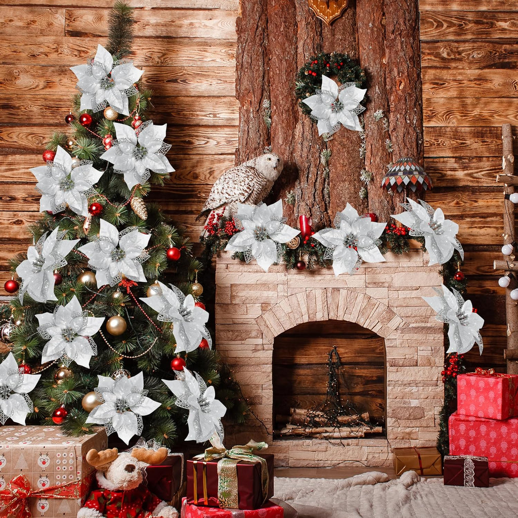 12 PCS Poinsettia Flower Artificial Poinsettia Christmas Decoration 8.7'' Silver Glitter Poinsettias Christmas Ornaments Christmas Tree Flower Decor with Clips DIY Xmas Wreath Holiday Home Party Decor