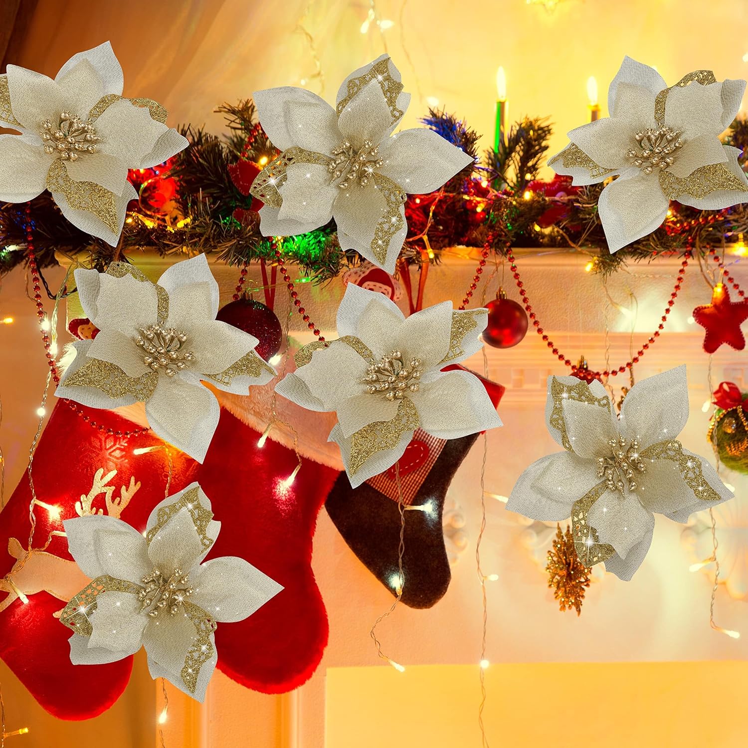 Childom 12 PCS Poinsettia Flower Artificial Poinsettia Christmas Decoration 5.9'' Gold Glitter Poinsettias Christmas Ornaments Xmas Tree Flower Decor with Clips DIY Xmas Wreath Holiday Home Party
