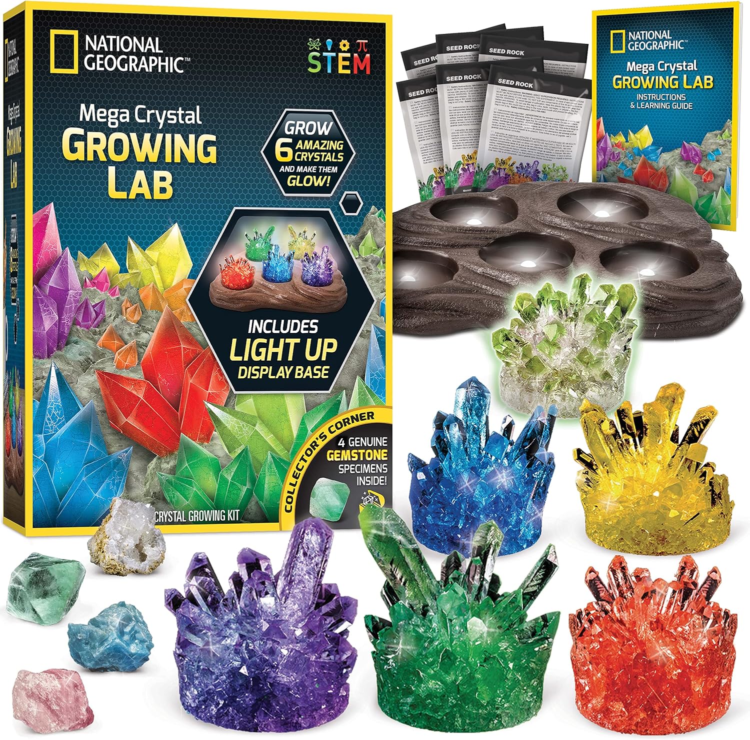 National Geographic Mega Crystal Growing Kit for Kids- Grow 6 Crystals with Light-Up Stand, Science Gifts for Kids 8-12, Crystal Making Experiment, Science Kit for Girls and Boys (Amazon Exclusive)