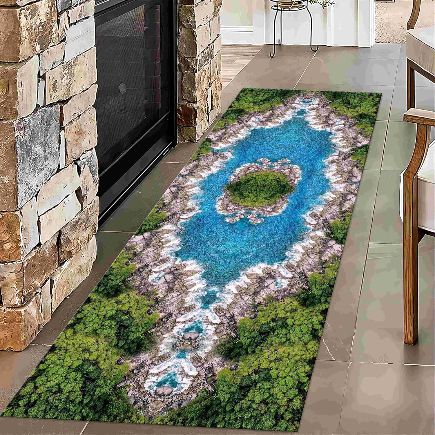 3D Landscape Rug, 3.3x10ft, 3D Lake Cliff Rock Islands Forest Natural Landscape Optical Illusion Runner Rug, Non-Shedding Foldable Decorate Carpets for Dining Dorm Living Room