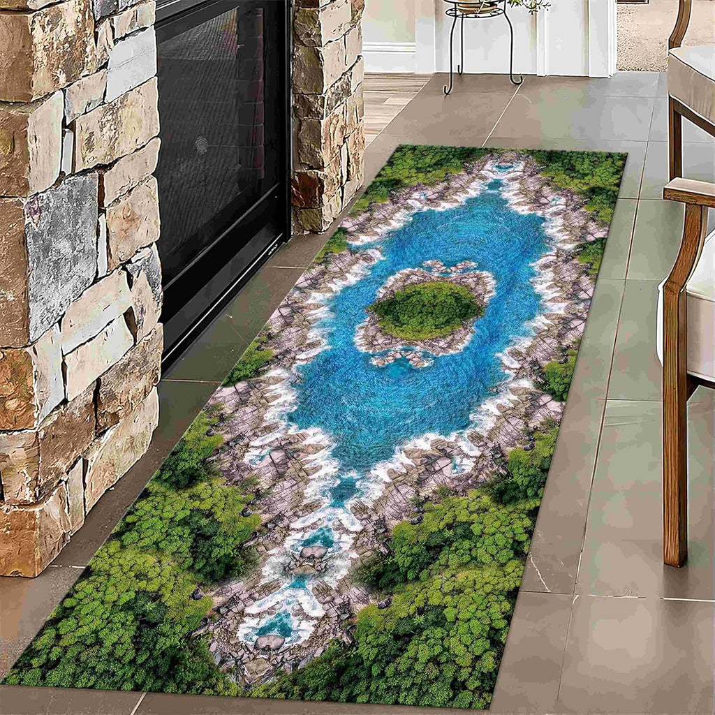3D Landscape Rug, 4x10ft, 3D Lake Cliff Rock Islands Forest Natural Landscape Optical Illusion Runner Rug, Non-Shedding Foldable Decorate Carpets for Dining Dorm Living Room