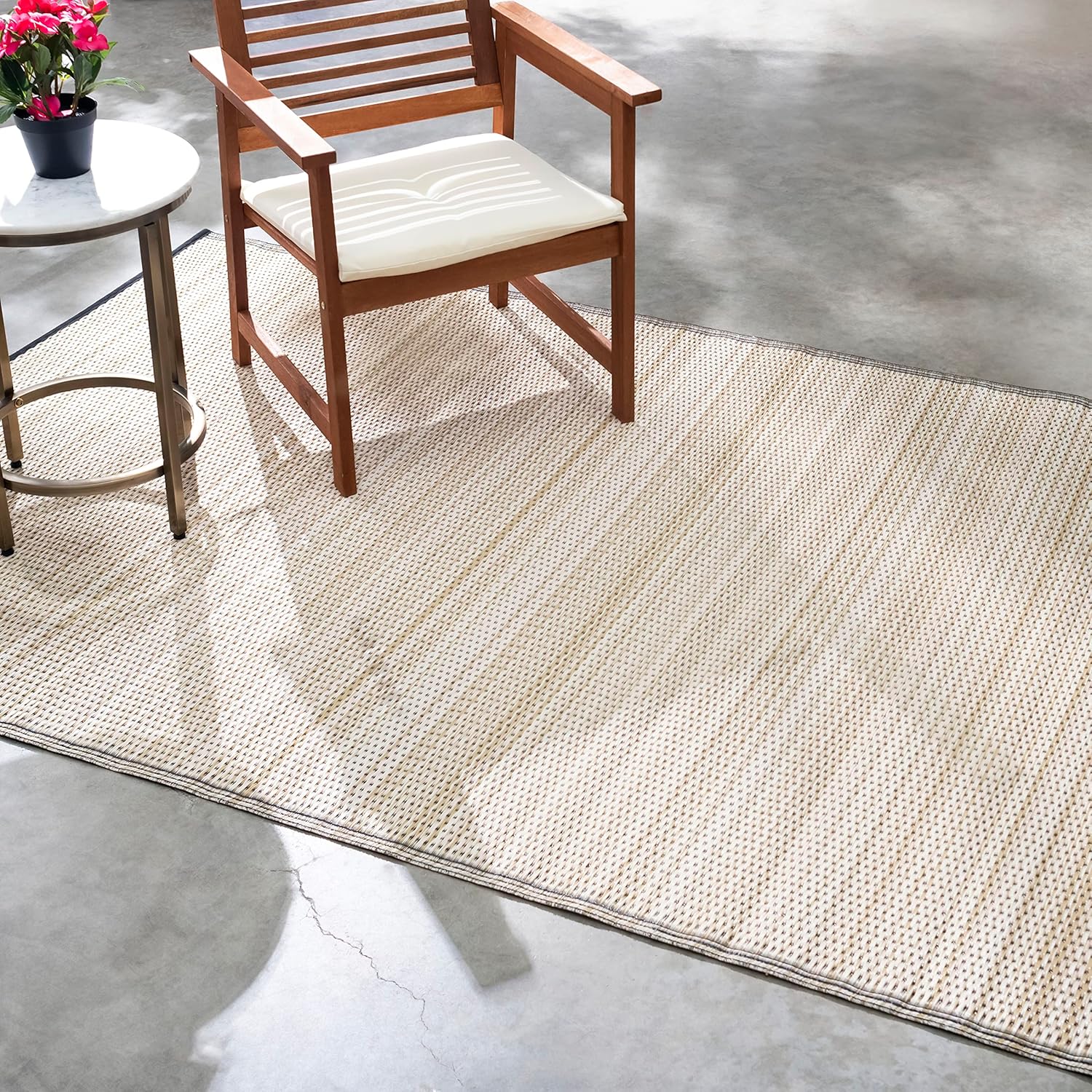 Fab Habitat Striped Neutral Outdoor Rug - Waterproof, Fade Resistant, Crease-Free, Reversible - Premium Recycled Plastic - Patio Porch Balcony Deck - Cancun Shadow SandBlack - 8x10 ft