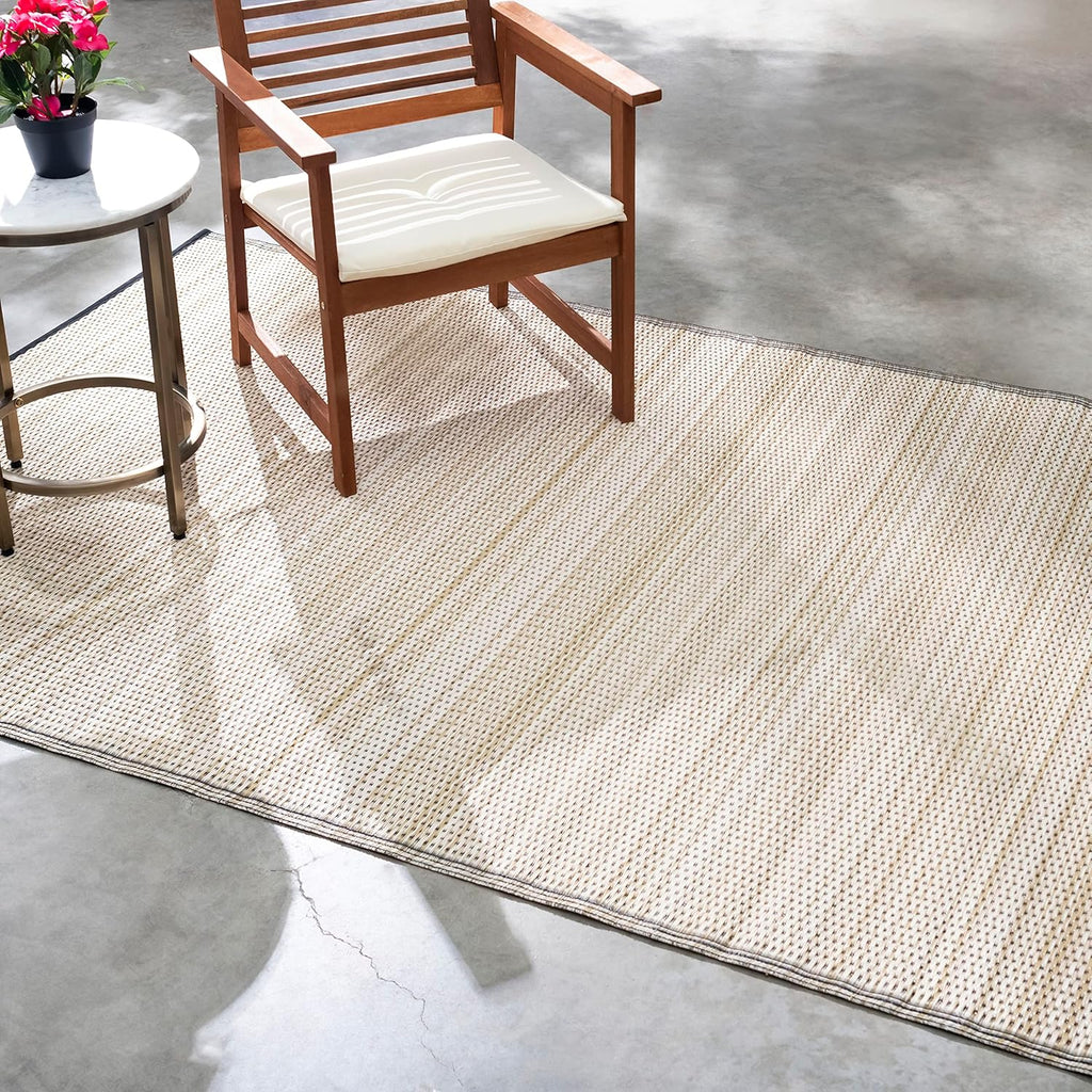 Fab Habitat Outdoor Rug - Waterproof, Fade Resistant, Crease-Free - Premium Recycled Plastic - Neutral Striped - Patio, Porch, Deck, Balcony - Cancun Shadow - Sand & Black - 5 x 8 ft