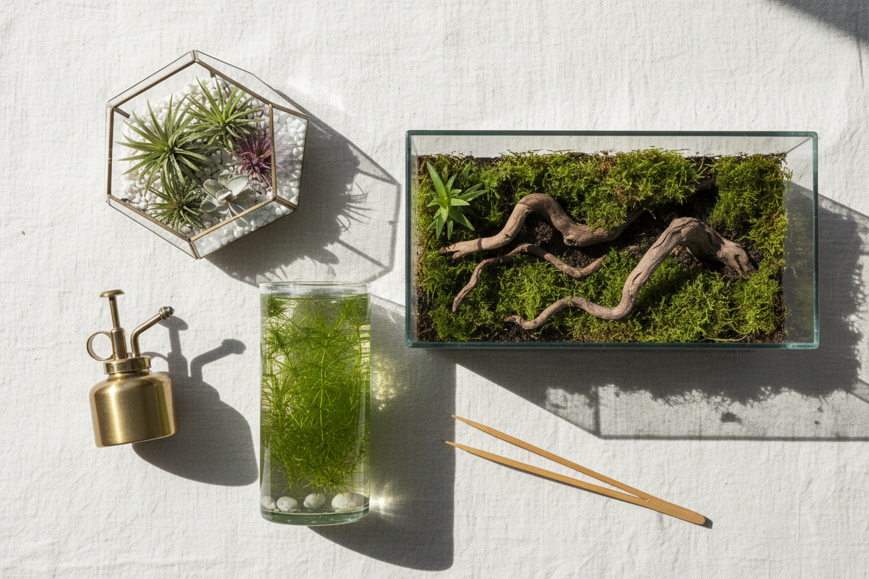 A curated flat lay of three The Living Pane glass ecosystems on a textured linen backdrop: a geometric terrarium with air plants, a cylindrical nano aquarium with green cabomba, and a wide rectangular vivarium with moss and driftwood. Surrounded by simple care tools (mister, bamboo tweezers). Soft shadows, muted sage green and cream palette, clean editorial photography style.