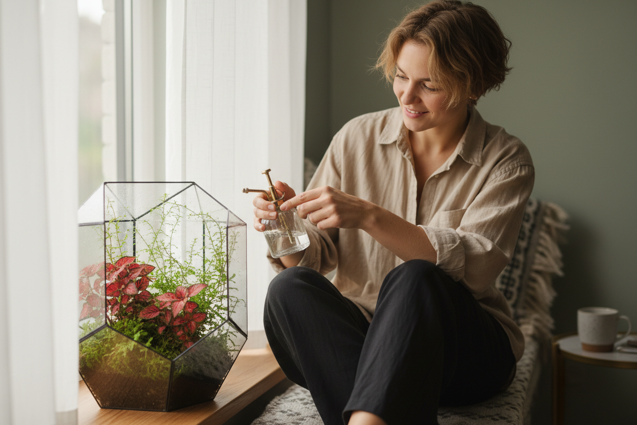 A relaxed person (gender-neutral, casual clothing) gently misting a small open terrarium on a sunlit windowsill, smiling softly. The terrarium features fittonia and selaginella, with dewdrops on the glass. Warm, diffused morning light, soft green and beige tones, cozy modern interior, lifestyle photography style, peaceful mood.