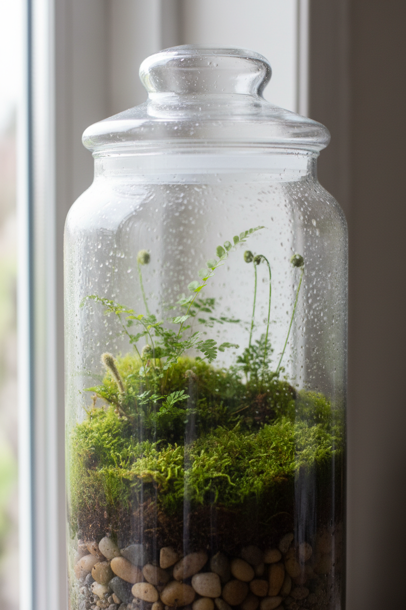 Closed terrarium with moss and ferns portrait
