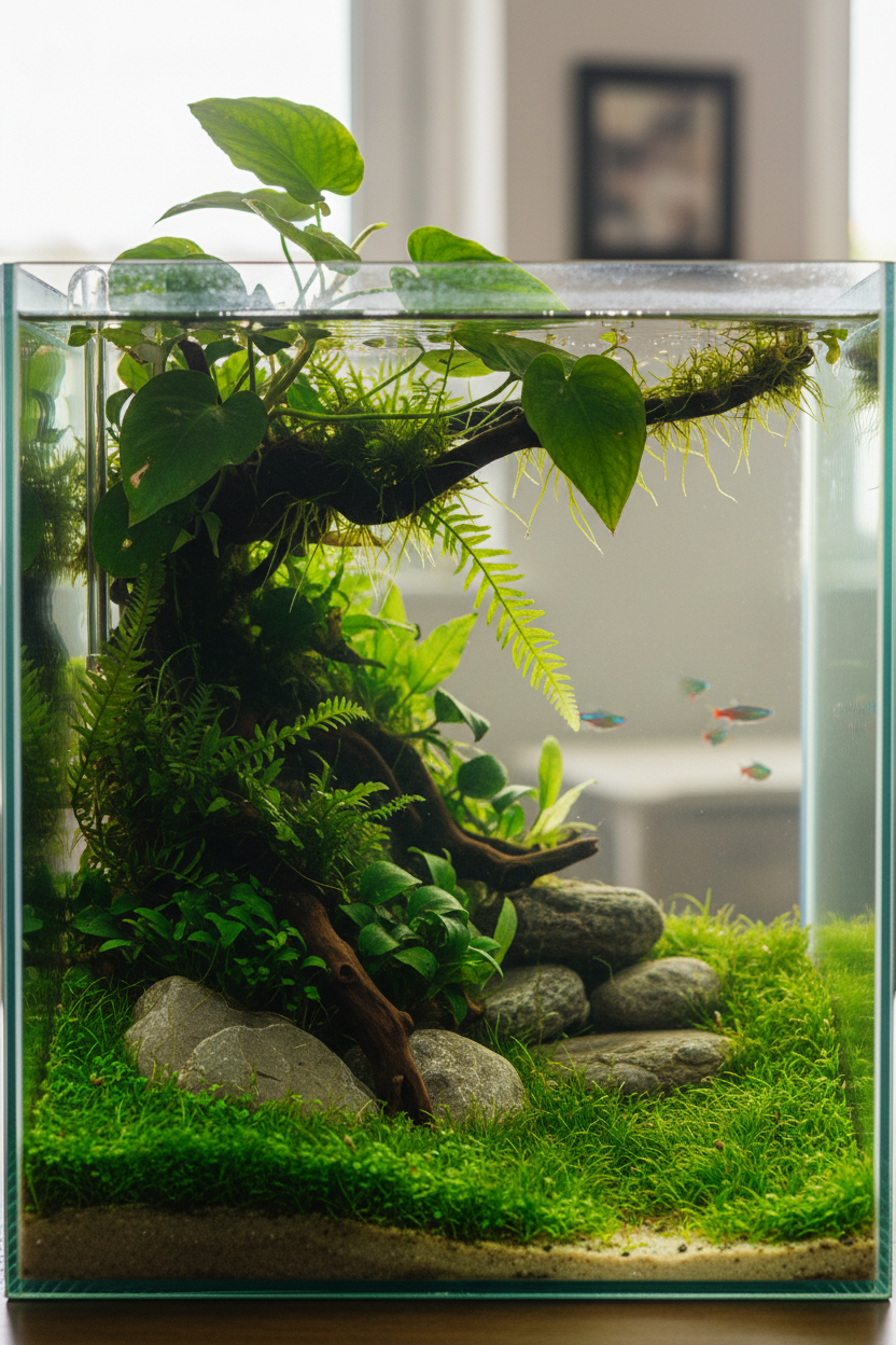 Nano aquarium with live plants portrait