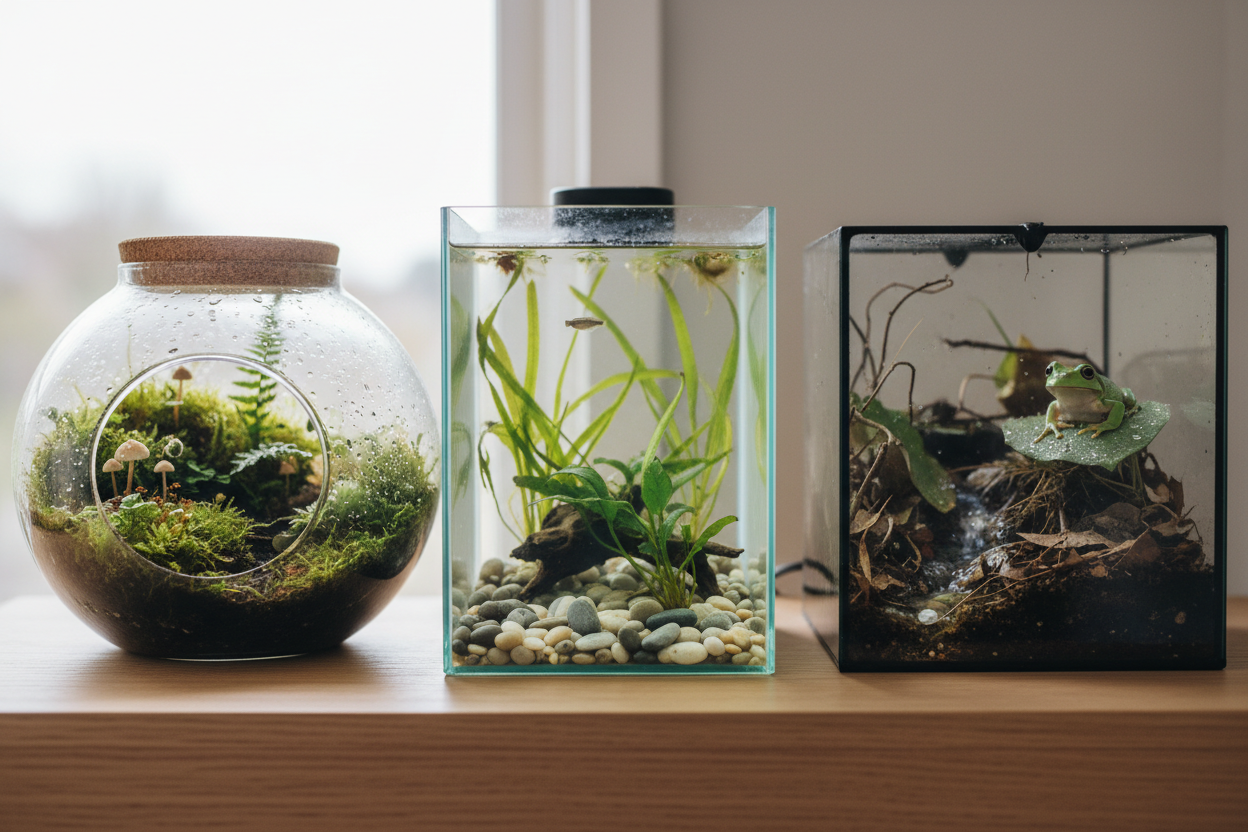 Side-by-side comparison of three minimalist glass enclosures on a light oak shelf: left – a closed terrarium with lush green moss and ferns; center – a small aquarium with clear water, smooth stones, and aquatic plants; right – a bioactive vivarium with a tiny tree frog, leaf litter, and a damp forest floor. Soft natural lighting, muted earth tones, photorealistic style, shallow depth of field.